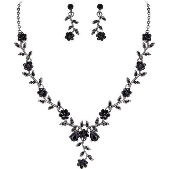 Elegant Bridal Jewelry Set: Crystal Dangle Earrings & Pendant Necklace - Black - Picture 1 of 7